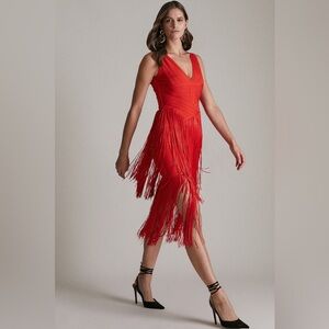NWT Karen Millen Bandage Knit Fringe Tiered Midi Dress